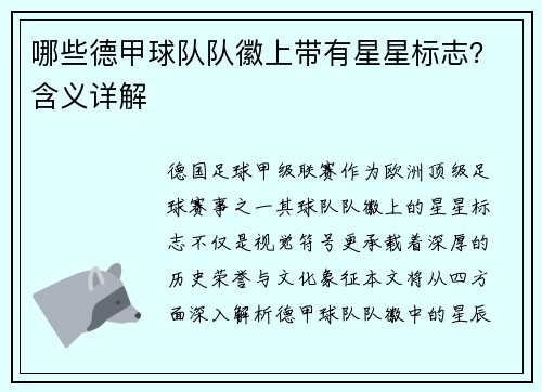 哪些德甲球队队徽上带有星星标志？含义详解